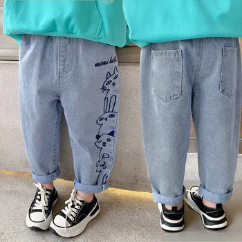 Новые джинсы для девочек, весенне-осенние детские брюки, повседневные брюки для маленьких мальчиков, джинсы с мультяшным кроликом, детские джинсовые брюки