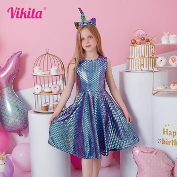Платье Русалки VIKITA для девочек, повседневные платья для маленьких девочек, прямое платье для малышей, летняя модная одежда для детей 4-12 лет