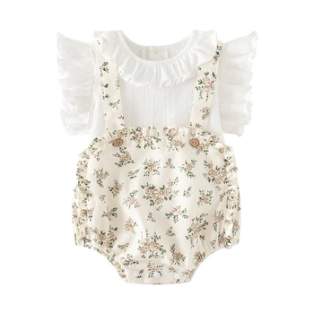 Летний комплект одежды для новорожденных девочек с цветочным рисунком, топы с оборками + комбинезон-нагрудник, Наряды для девочек, боди для девочек, Одежда
