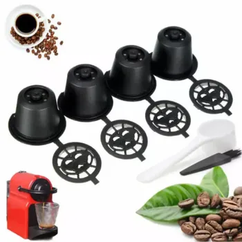 4шт многоразовых кофейных капсул-стручков для кофемашин Nespresso, Многоразовый фильтр с ложкой-щеткой, кофейные стручки для Nescafe
