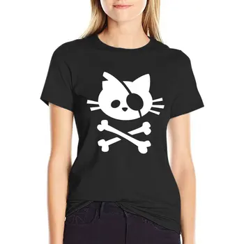 Футболка с изображением милого кота-пирата: череп и скрещенные кости, топы, летний топ, женская одежда в стиле аниме