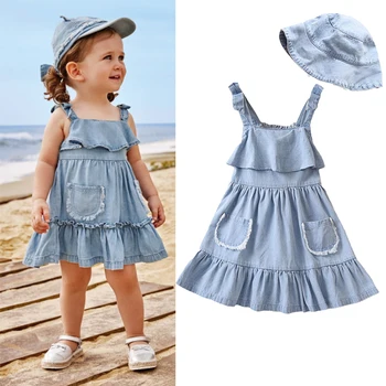 FOCUSNORM/ Милое летнее платье для девочек от 3 до 8 лет, 2 предмета, джинсовое платье трапециевидной формы без рукавов с плиссированными оборками и шляпой